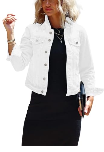 JayscreateEU jeansjacke damen kurz Denim Jacke jeansjacke sommer jeansjacke lange Ärmel Umlegekragen oversize Jeansjacke mit Taschen Jean Herbst Mantel Outwear ，Weiß，S von JayscreateEU
