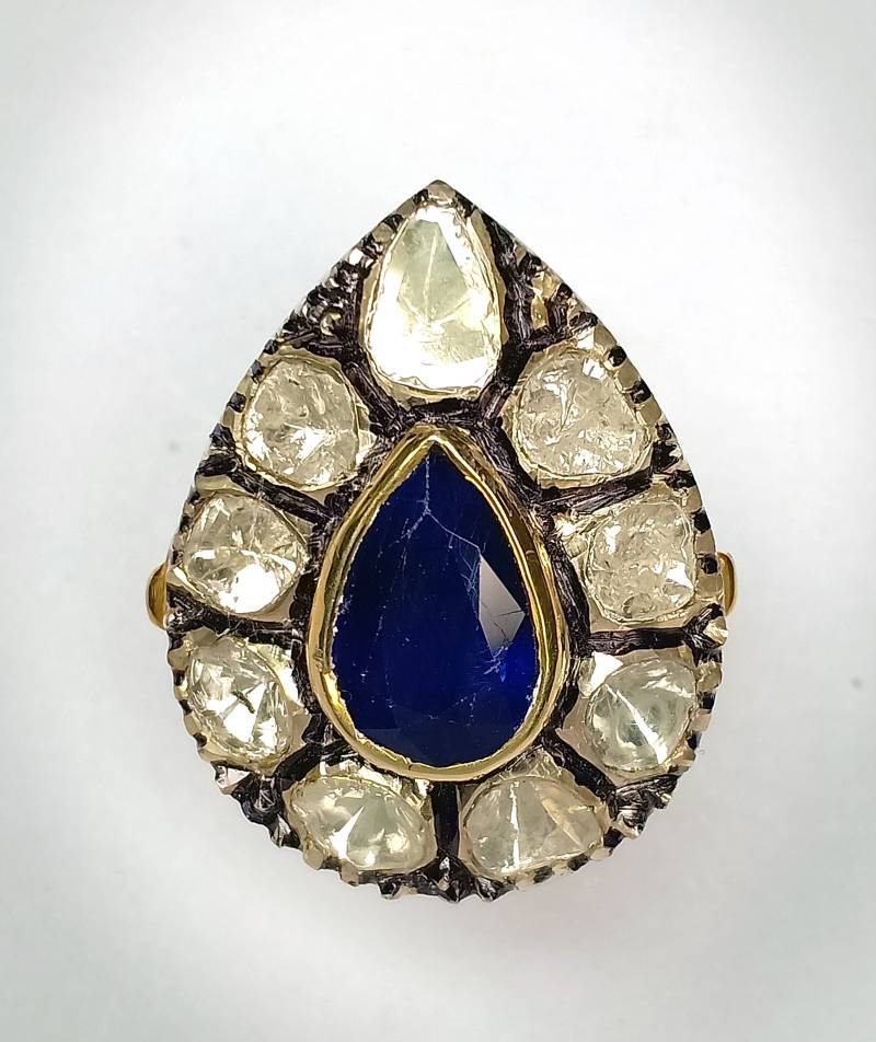 Blauer Saphir Ring Polki Diamant Im Rosenschliff, Sterling Silber Handgemacht von Jayseejewellers