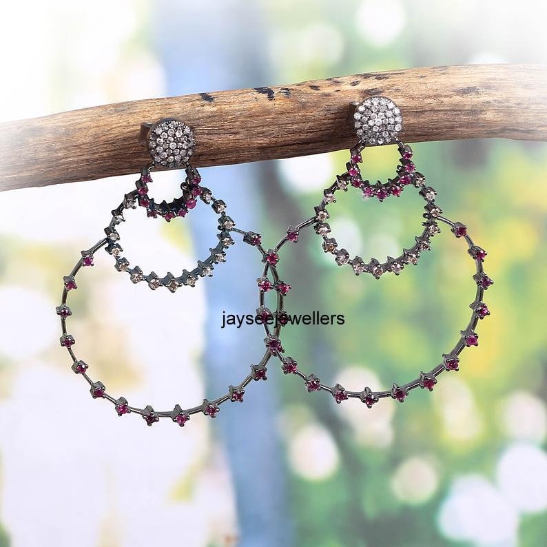 Handgefertigte Burma Rubin & Diamant Ohrringe 925 Sterling Silber Schmuck von Jayseejewellers