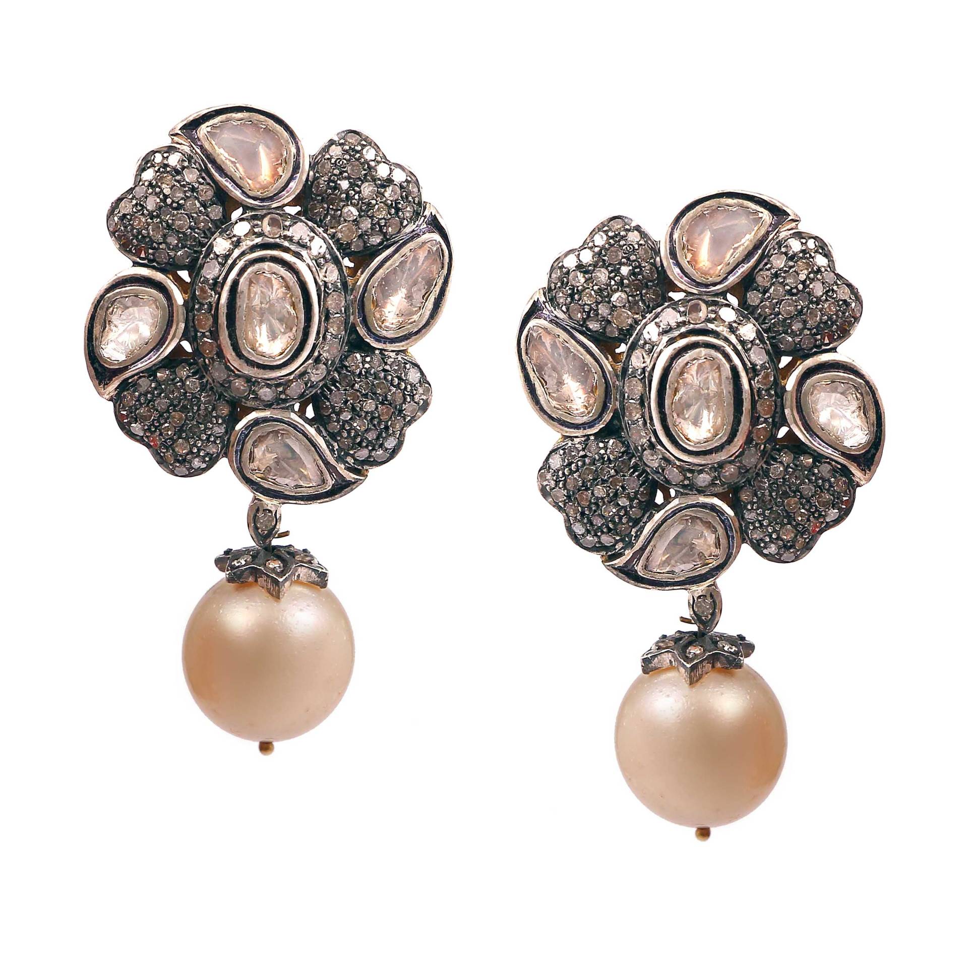 Handgefertigte Perlen Edelstein Ohrringe Diamant Rose Cut, Sterling Silber Victorian Design von Jayseejewellers