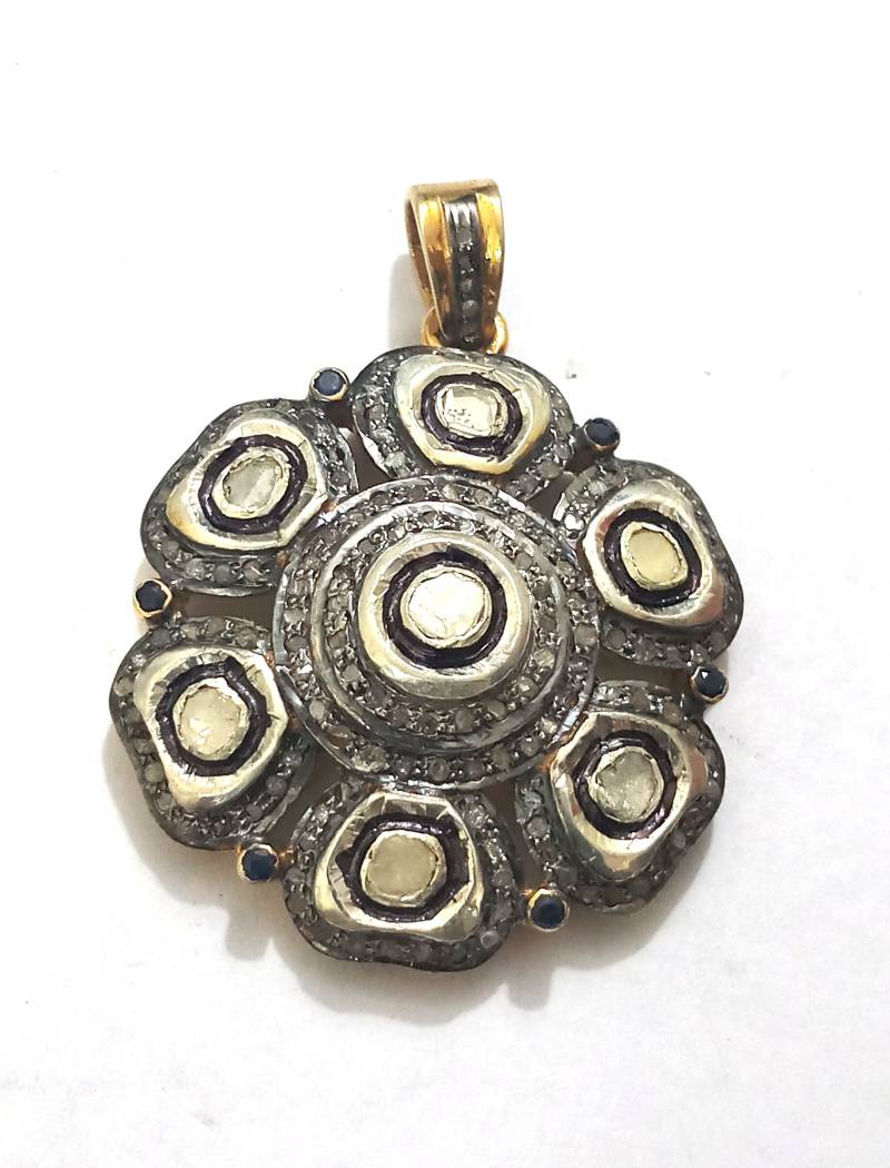 Handgefertigter 925Er Sterling Silber Blumenanhänger Saphir & Diamant von Jayseejewellers