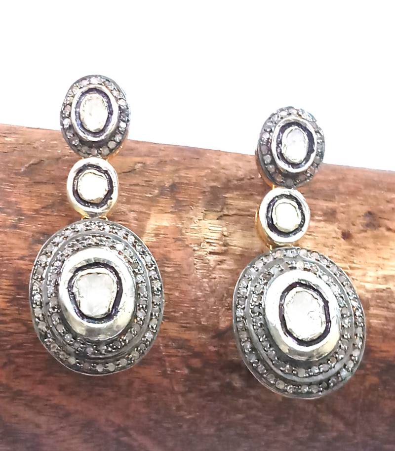 Handgemachte Polki Diamant Tropfen Ohrring Vergoldete Sterling Silber Pave Fassung von Jayseejewellers