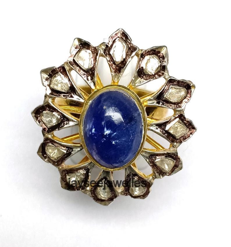 Handgemachte Tansanit Rose Cut Polki Ring 925 Sterling Silber Vergoldet von Jayseejewellers