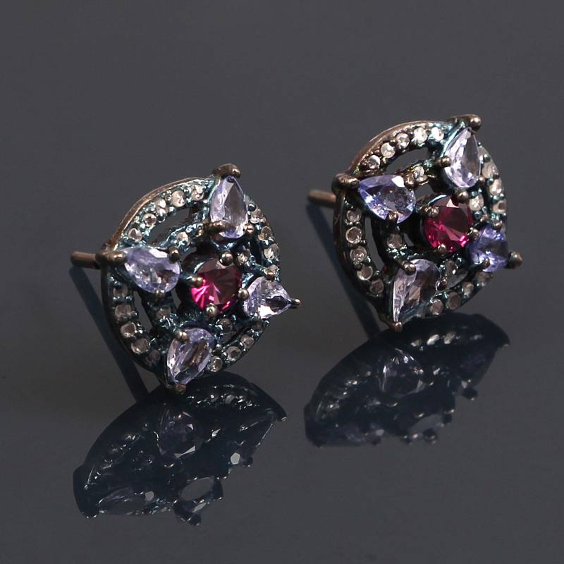 Handgemachte Victorian Sterling Silber Rhodolit Tansanit Ohrringe Diamant von Jayseejewellers