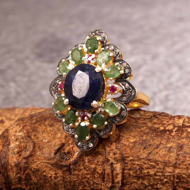 Handgemachte Victorian Sterling Silber Ring Saphir, Smaragd & Diamant von Jayseejewellers