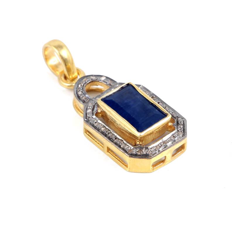 Handgemachter Sterling Silber Blauer Saphir Anhänger Pave Diamond Jewelry von Jayseejewellers