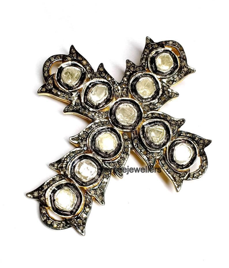 Polki Diamant Kreuz Anhänger Sterling Silber Designer Anhänger | 57 Mm von Jayseejewellers