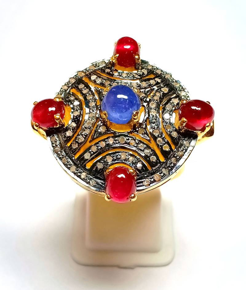 Rubin & Tansanit Sterlingsilber Ring Pave Diamant Cocktail Ring von Jayseejewellers