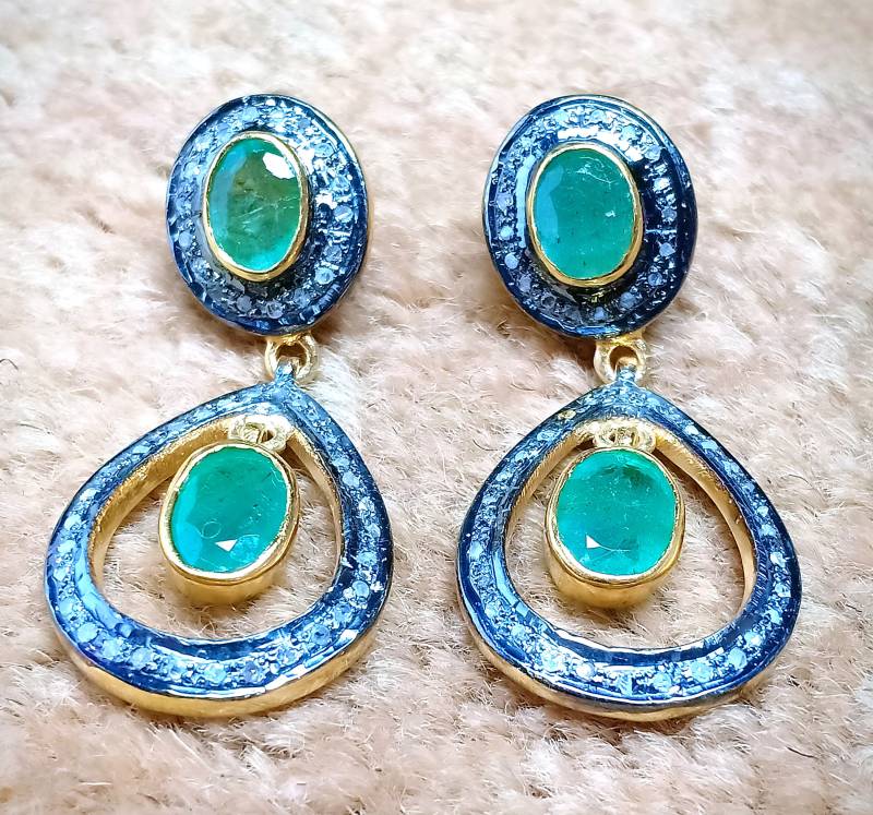 Smaragd Pave Diamant 925 Sterling Silber Ohrringe - Handgemacht von Jayseejewellers