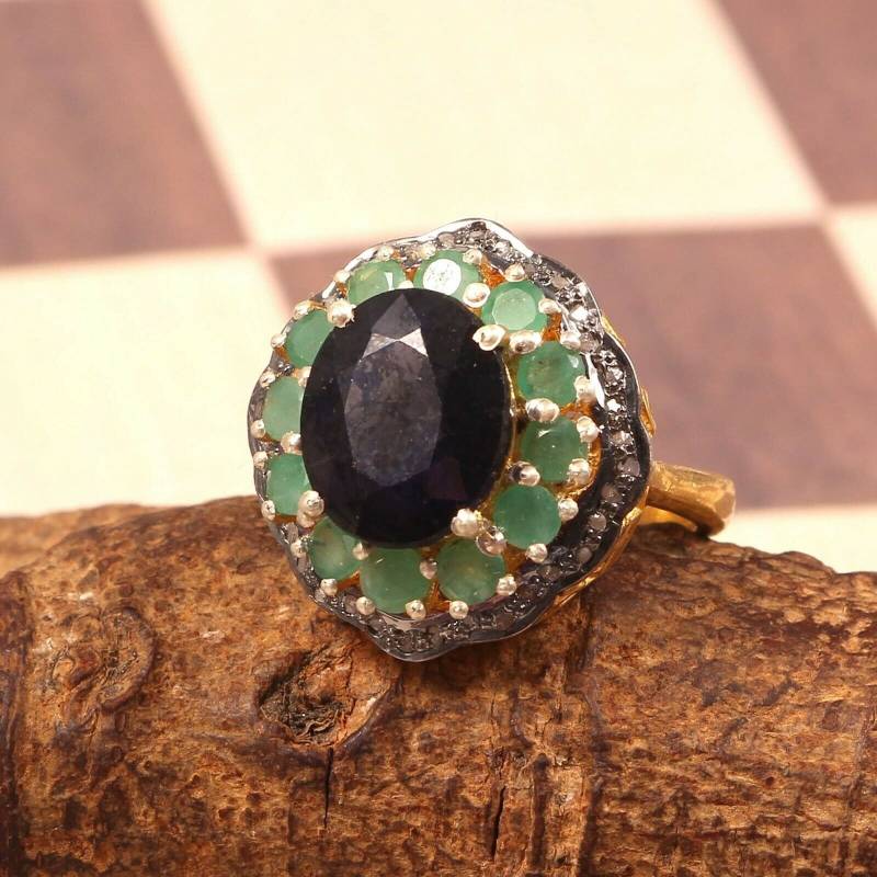 Smaragd & Saphir Ring 925 Sterling Silber Diamond Halo von Jayseejewellers