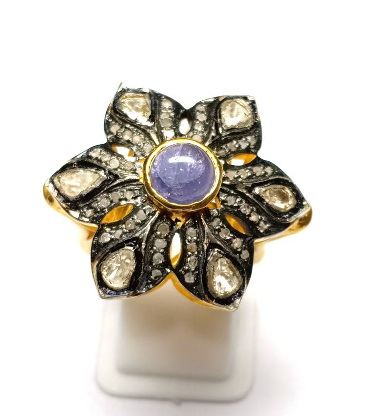 Tansanit Blumen-Ring Diamant Mit Rosenschliff, Sterling Silber Vergoldet von Jayseejewellers