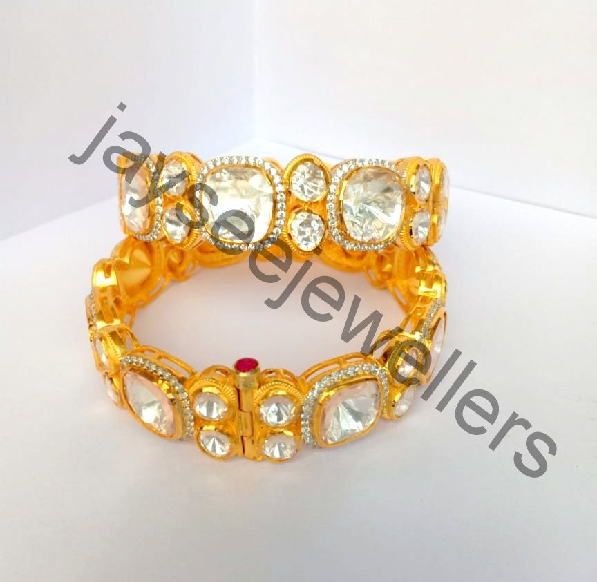 Ungeschliffen Kundan Polki Diamant 1 Paar Armreif 925 Sterling Silber Handgefertigter Moissanite Schmuck Hochzeit Schmuck von Jayseejewellers