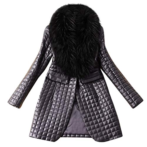 Damen Lederjacke Elegant Lederlook Jacke mit Kragen aus Fuchspelz Female Lange Pelzkragen Kunstpelz Kragen Leder Jacke in Schwarz Steppmantel für Herbst Winter von Jaysis