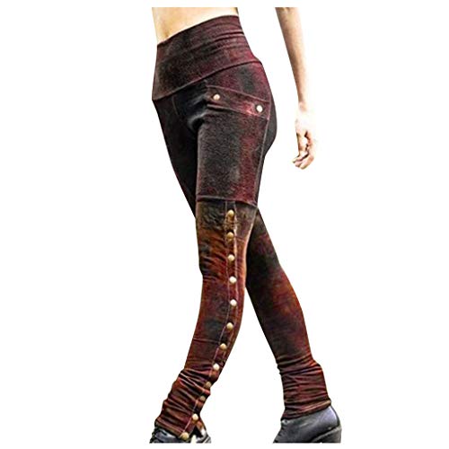 Jaysis Damen Gothic Hose Punk Leggings High Waist Taille mit Bauchkontrolle Bleistifthosen Niet Steampunk Strumpfhose Militärhosen Sporthosen Gotische Karneval Kostüm, L, Kaffee von Jaysis