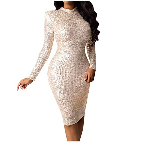 Jaysis Damen Kleider Abendkleid Langarm Bodycon Bleistiftkleid Glänzend Pailletten Wickelkleid Partykleid Knielang Slim Fit Minikleid Cocktailkleid Glitzerkleid Cocktail Hochzeit Clubwear, L, Beige von Jaysis