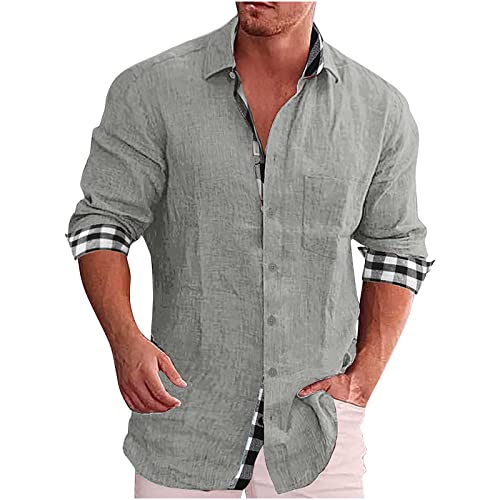 Jayyouu Herren-Hemden aus Baumwolle und Leinen lässig einfarbig kariert Patchwork Umlegekragen Langarm-Oberteile mit Tasche Button-Down-Hemden für Herren in Übergröße von Jayyouu