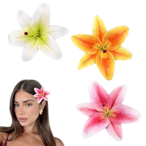 JazSwirl 3 x hawaiianische Blumen-Haarspangen für Frauen, 10,9 cm große tropische Hibiskushaarspange, Luau-Blumen-Haarschmuck für Strand, Urlaub, Party, Hawaii-Verkleiden (Weiß, Gelb, Rosa) von JazSwirl
