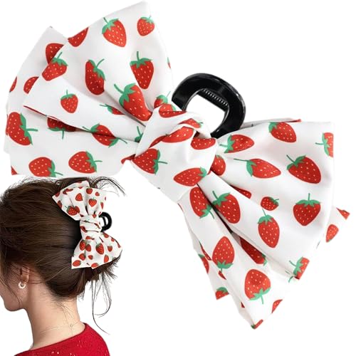 JazSwirl Erdbeer-Haarklammer für Damen, 15 x 6,1 cm, rot-weiß, Erdbeerschleife, Obst-Haarspange, niedlicher Erdbeer-Klauen-Clip, Haarschmuck für Pferdeschwanz, Dutt, Zöpfe von JazSwirl