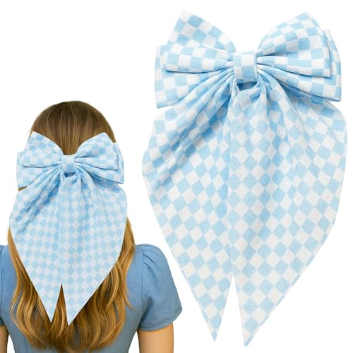 JazSwirl Große blaue karierte Schleife für Damen, 30 x 16 cm, übergroße karierte Haarschleife von JazSwirl