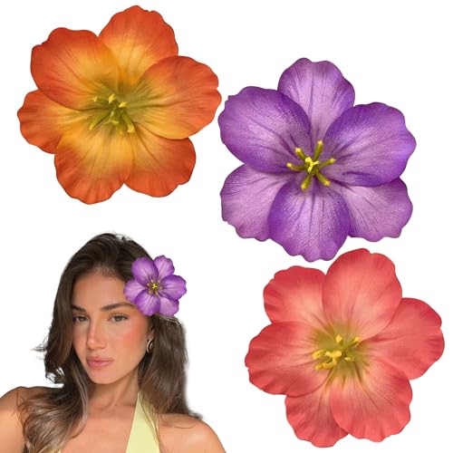 JazSwirl Hawaiianische Blumen-Haarspangen für Frauen, 3 Stück, 13 cm, tropischer Hibiskus, Haarspangen-Set in Lila, Rosa, Orange, Strand & Luau Party, Blumen-Haarspangen, niedlicher Stoff von JazSwirl