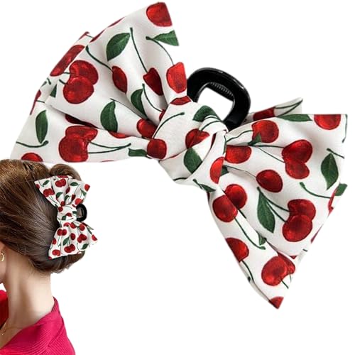JazSwirl Kirsch-Haarspange, 15 x 6,1 cm, Rot-Weiß, Polyester, Kirschschleife, Haarklammer, Obst-Haarspangen, Haarschmuck für Frauen, niedliche Kirsch-Haarspange für Pferdeschwanz, Dutt, Zöpfe von JazSwirl