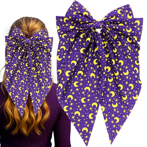 JazSwirl Lila Haarschleife mit Sternen und Mond, 30 x 17 cm große lila Schleife Haarspange für Frauen, Kawaii Anime Stern und Mond Haarschmuck, große Schleifen für Pferdeschwanz, Brötchen Cosplay von JazSwirl