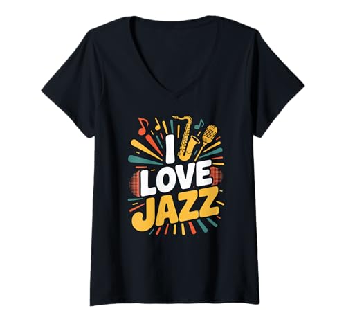 Damen I Love Jazz Saxophon Music Vibes T-Shirt mit V-Ausschnitt Damen I Love Jazz Saxophon Music Vibes T-Shirt mit V-Ausschnitt von Jazz Enthusiast Music Lovers Collection
