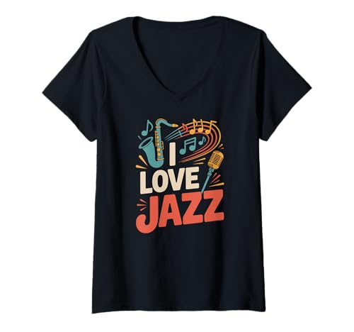 Damen I Love Jazz Saxophon Musiknoten Spaß T-Shirt mit V-Ausschnitt Damen I Love Jazz Saxophon Musiknoten Spaß T-Shirt mit V-Ausschnitt von Jazz Enthusiasts Groove Vibes Passion