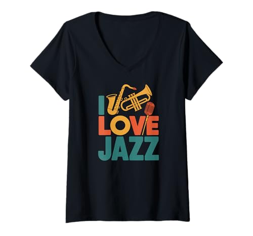 Damen I Love Jazz Saxophon Trompetenmikrofon T-Shirt mit V-Ausschnitt von Jazz Enthusiasts Saxophone Trumpet Art