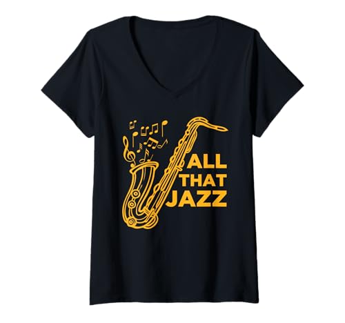 Damen All That Jazz Jazz Saxophon-T-Shirt T-Shirt mit V-Ausschnitt Damen All That Jazz Jazz Saxophon-T-Shirt T-Shirt mit V-Ausschnitt von Jazz Music Shirts