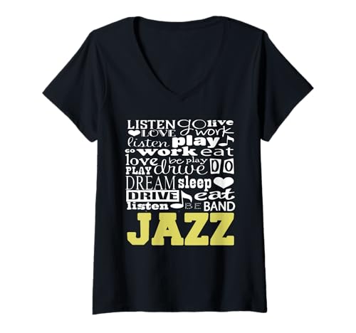 Damen Essen Schlafen Spielen Träumen Fahren Jazz Stil T-Shirt mit V-Ausschnitt Damen Essen Schlafen Spielen Träumen Fahren Jazz Stil T-Shirt mit V-Ausschnitt von Jazz Rhythmus Wortwolken Fans