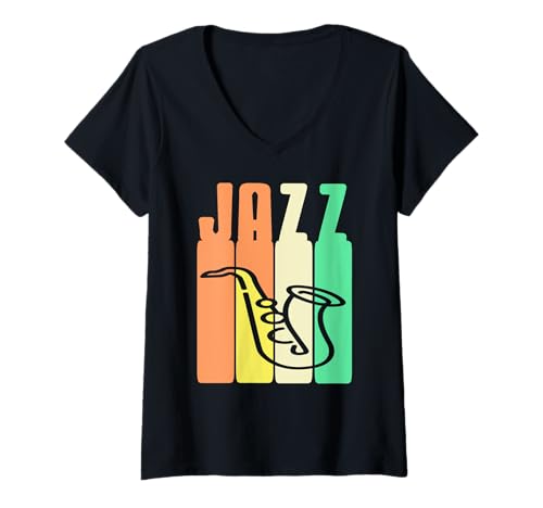 Damen Retro Jazz Saxophon Farbige Vintage Grafik Idee T-Shirt mit V-Ausschnitt von Jazz Und Musikstil Für Retrofreunde