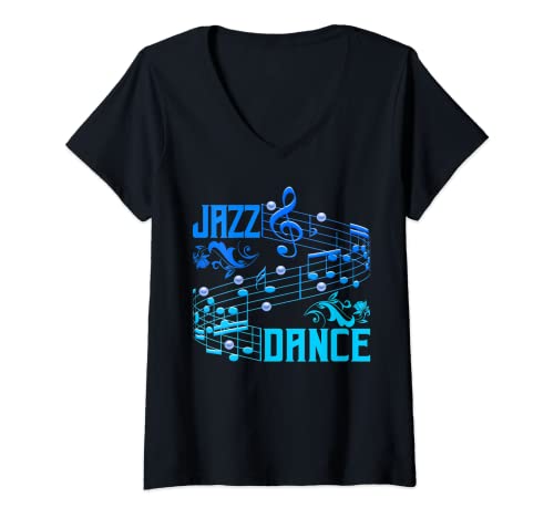Damen Jazz Dance Blaue Musik Noten Jazzmusiker T-Shirt mit V-Ausschnitt von Jazz blue music notes Apparel Designs by Rn