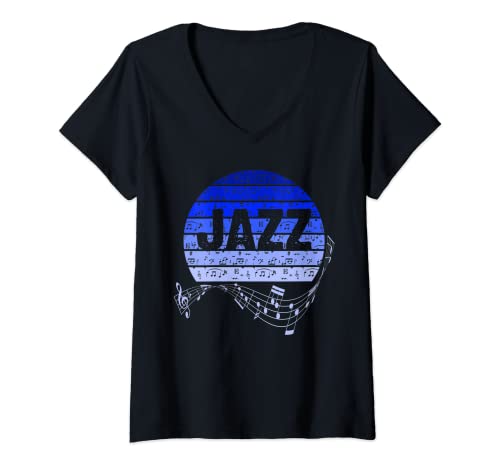 Damen Jazz Musiker Blaue Farb-Noten Musik Jazz T-Shirt mit V-Ausschnitt Damen Jazz Musiker Blaue Farb-Noten Musik Jazz T-Shirt mit V-Ausschnitt von Jazz blue music notes Apparel Designs by Rn