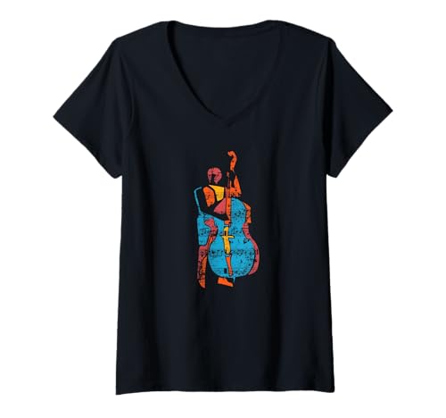 Damen Akustischer Bassspieler Musiker moderner Stil T-Shirt mit V-Ausschnitt von JazzWorldQuest