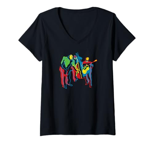 Damen Buntes modernes Jazz Trio Abstrakt T-Shirt mit V-Ausschnitt Damen Buntes modernes Jazz Trio Abstrakt T-Shirt mit V-Ausschnitt von JazzWorldQuest