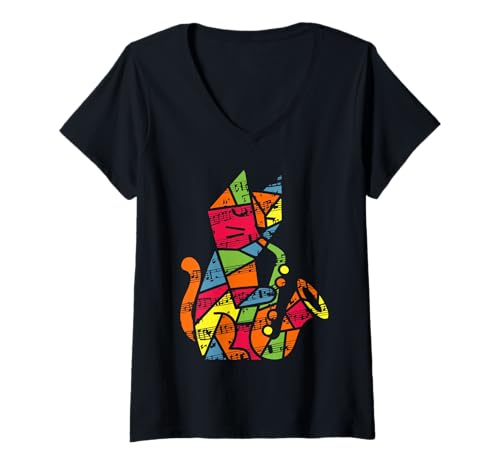 Damen Lustige Bunte Katze, die Saxophon spielt T-Shirt mit V-Ausschnitt von JazzWorldQuest
