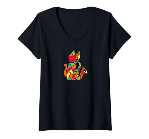 Damen Lustiger Jazz-Katzenmusiker Saxophonspieler T-Shirt mit V-Ausschnitt Damen Lustiger Jazz-Katzenmusiker Saxophonspieler T-Shirt mit V-Ausschnitt von JazzWorldQuest
