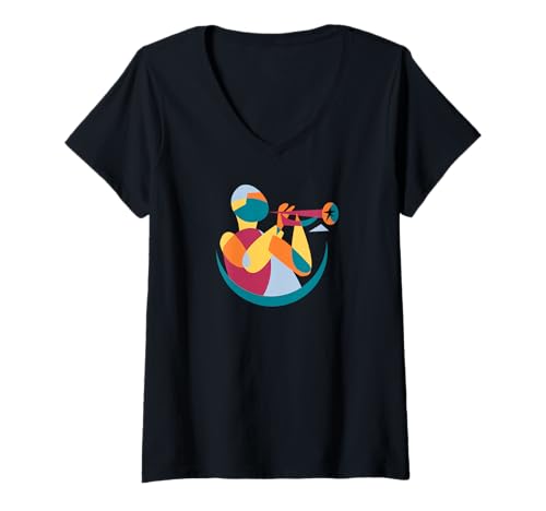 Damen Moderner kubistischer Musiker Trompeter im abstrakten Stil T-Shirt mit V-Ausschnitt Damen Moderner kubistischer Musiker Trompeter im abstrakten Stil T-Shirt mit V-Ausschnitt von JazzWorldQuest