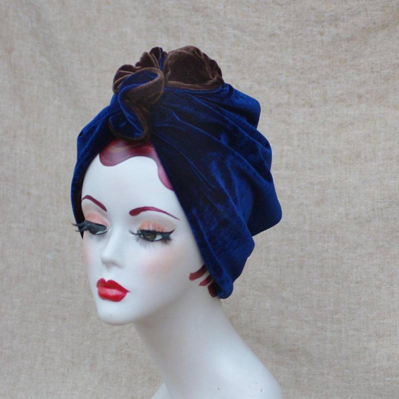 Eleganter Samt Turban Nachblau & Schokobraun/Dunkel Blau Braun Turbanhut 30Er 40Er Vintage Chemo Haarausfall Extravagant Art Deco von Jazzafine