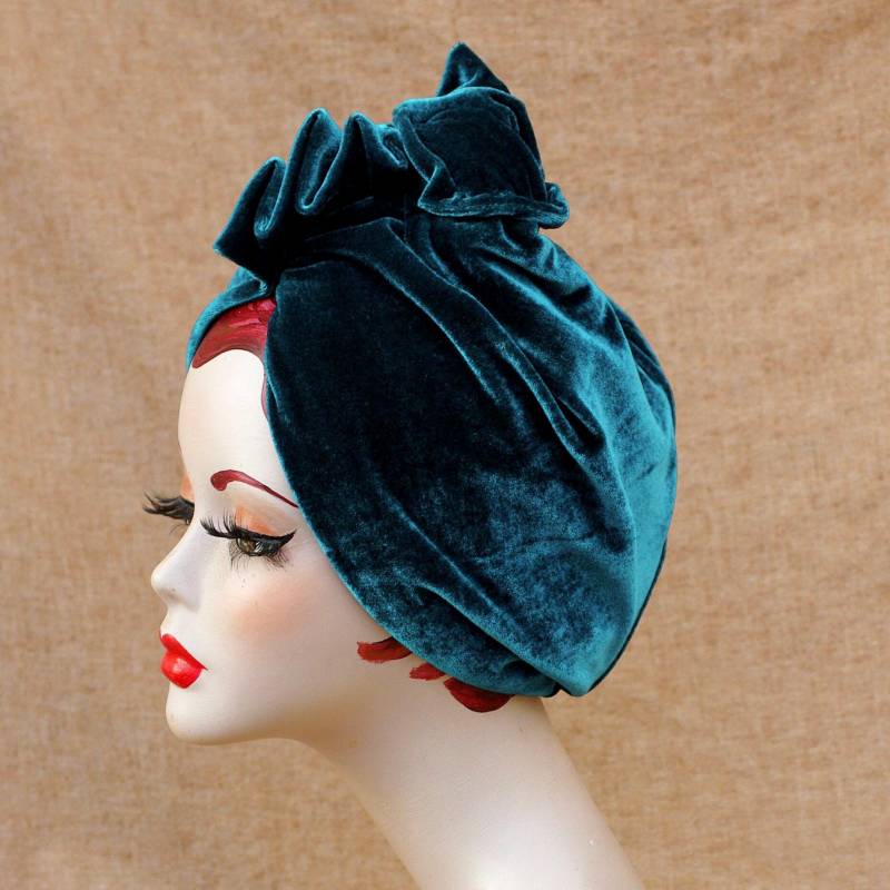 Eleganter Samt Turban Petrol Türkis Blau // Turbanhut 30Er 40Er Vintage Stil Chemo Haarausfall Mütze Stilvoll & Extravagant Art Deco von Jazzafine