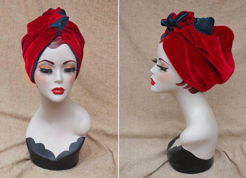 Eleganter Samt Turban Rot & Petrol // Kirschrot Türkis Blau Turbanhut 30Er 40Er Vintage Chemo Haarausfall Extravagant Art Deco von Jazzafine