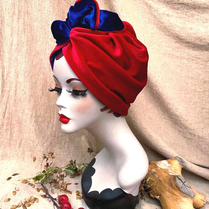 Eleganter Samt Turban Rot & Royal Blau // Kirschrot Turbanhut 30Er 40Er Vintage Chemo Haarausfall Extravagant Art Deco Diva Look von Jazzafine