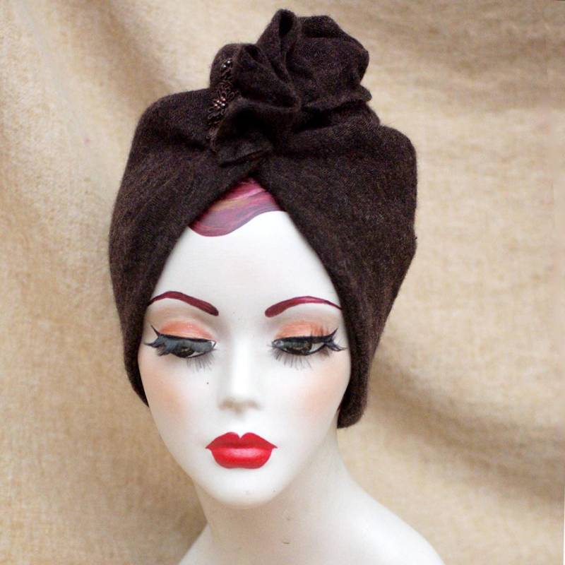 Eleganter Turban Braun Wolle // Turbanhut Schokobraun 30Er 40Er Vintage Stil Chemo Haarausfall Mütze Extravagant Art Deco Geschenk von Jazzafine
