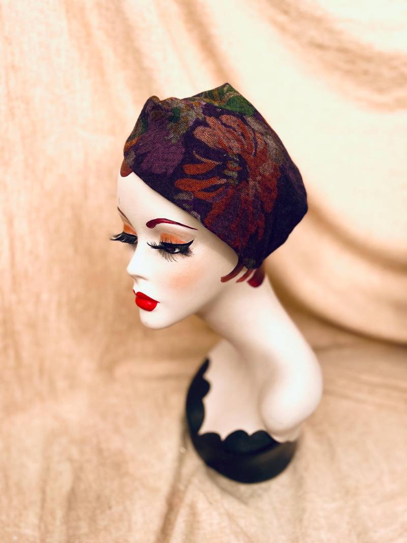 Haarreif Half Hat Aus Violetter Wolle Blumenmuster // Lila Rostbraun Braun Oliv Grün Vintage Stil 30Er 40Er Herbstfarben Winter Geschenk von Jazzafine