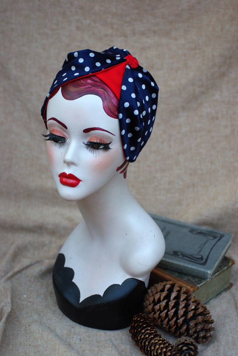 Haarreif Half Hat Samt Blau Rot Weiss Punkte // Headpiece Mit Polka Dots Fascinator Vintage Stil 40Er 50Er Rockabella Pin Up Haarausfall von Jazzafine