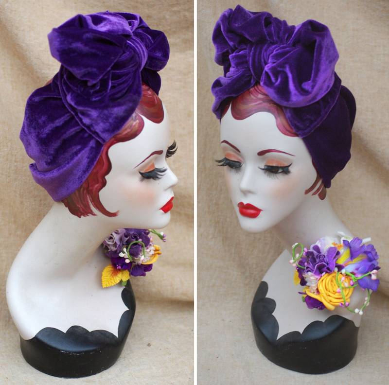 Lila Lavendel Flieder Samt Turban & Brosche // Haarband Turbanband Boho Stil Pin Up Vintage 30Er 40Er Violett Gelb Frühling Bandana von Jazzafine