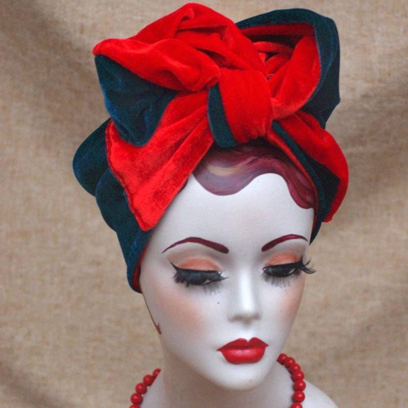 Rot & Petrol Samt Turban // Elegant Opulent Haarband Turbanband Boudoire Vintage 30Er 20Er Jugendstil Art Deco Dekadenz Jazzafine Mohnrot von Jazzafine