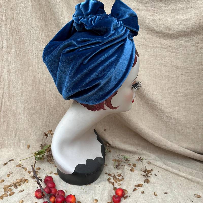 Samt Turban Blau Elegant // Turbanhut Royal Ozeanblau 30Er 40Er Vintage Stil Jeansblau Chemo Haarausfall Mütze Stilvoll Stahlblau Kobalt von Jazzafine