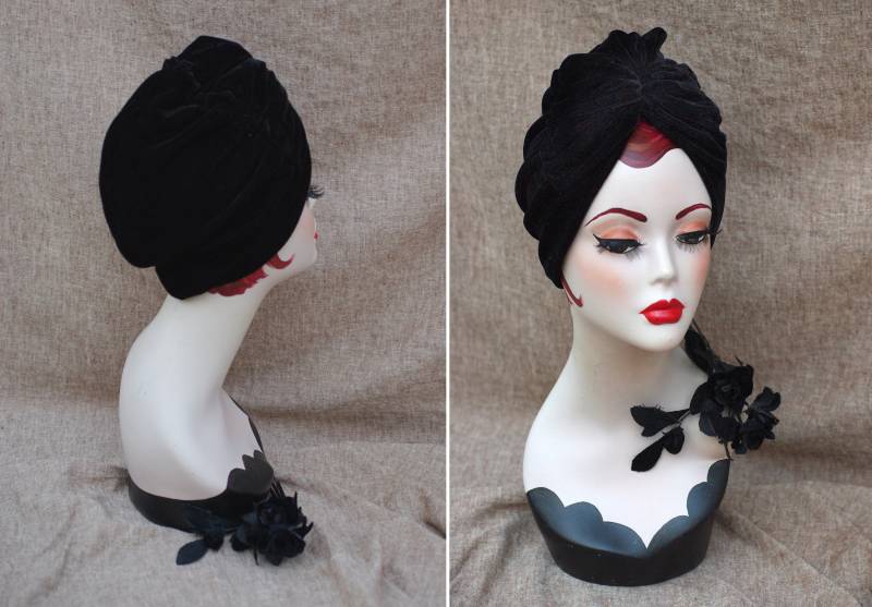 Schwarz Samt Turban // Extravagant Schwarzer Geschlossener Art Deco Accessoires Vintage 20Er 30Er Jugendstil Gothic Theater von Jazzafine